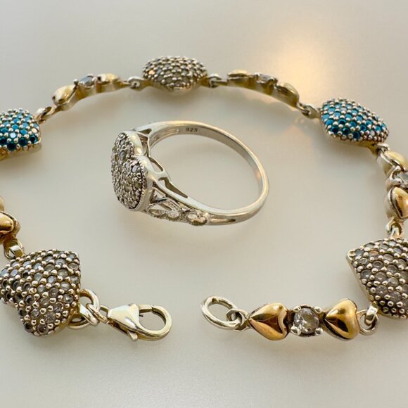 Vintage 925 Sterling Silver Crystal & Turquoise Pavé Clustered Heart Bracelet an - Picture 12 of 12